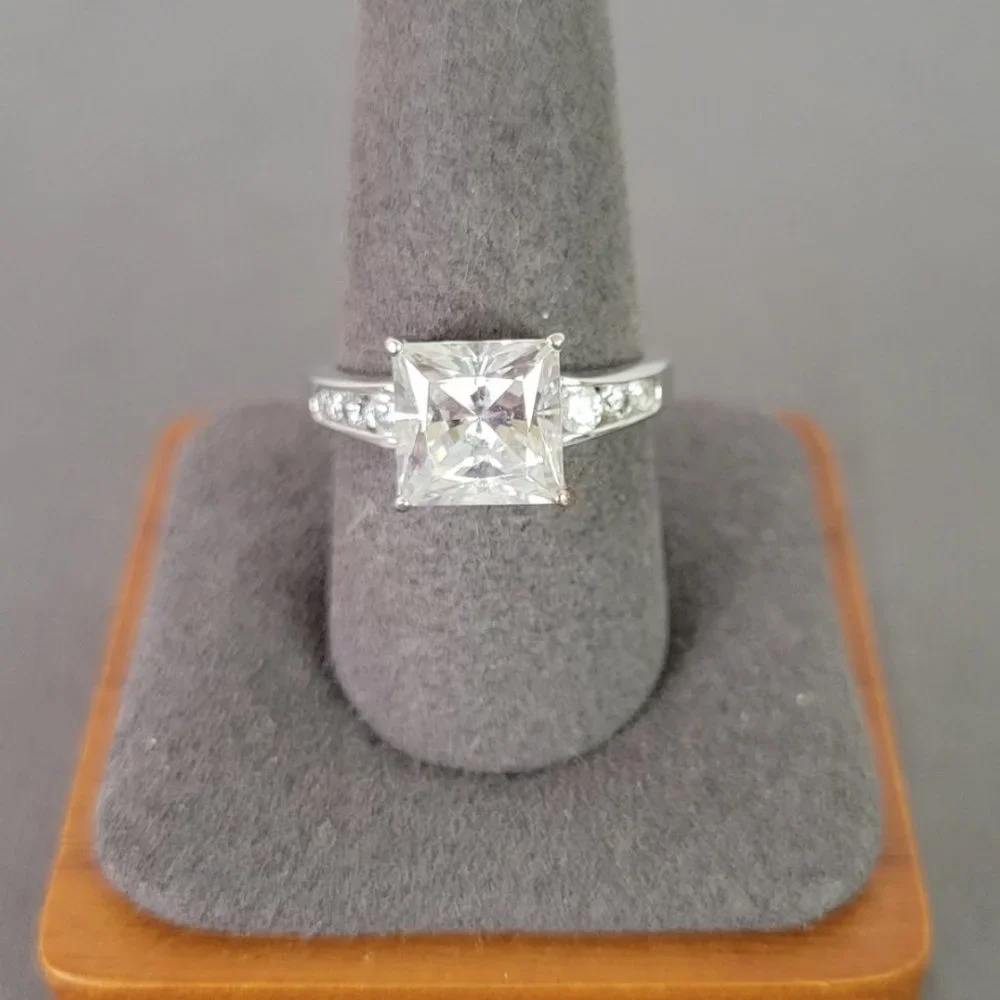 Sparkling Silver 4ct Princess Cut w/ Round Side Stones CZ Engagement Ring, Sz 9 - Picture 2 of 14